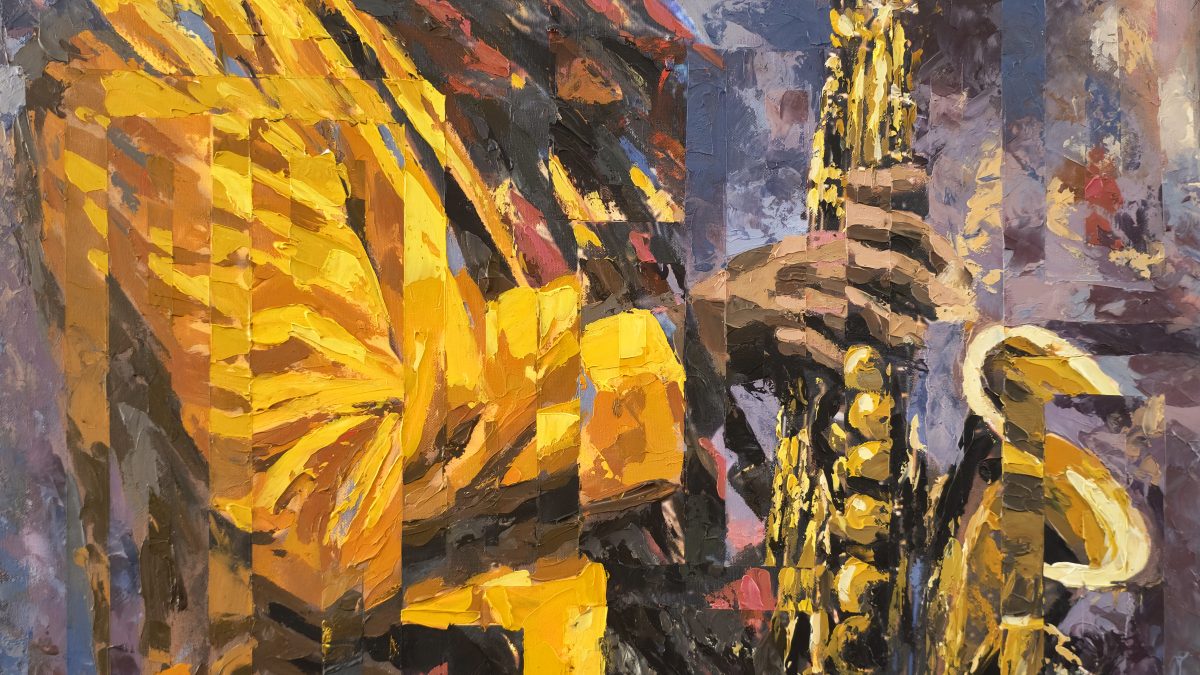 Dois saxofonistas de chapéu e casaco amarelo, numa composição fragmentada — Dança Invisível do Som, de Rui Carruço.