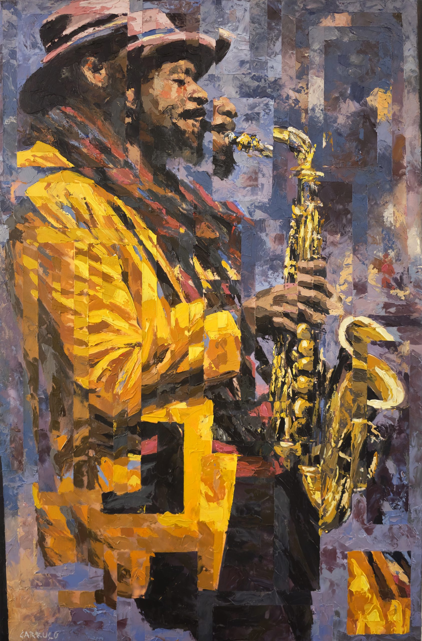 Saxofonista de chapéu e casaco amarelo, com a figura repetida em planos fragmentados — Dança Invisível do Som.