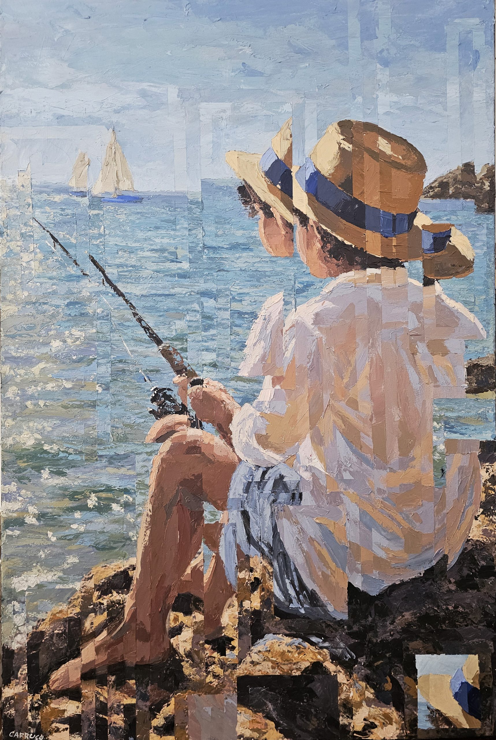 Figura de chapéu sentada nas rochas, com uma cana de pesca diante do mar — O Tempo Entre as Ondas.